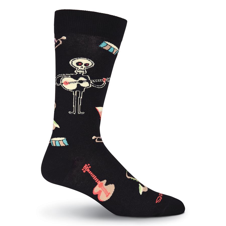 On a completely Black Sock is a Skeleton playing a Guitar. Around him are other instruments for him to play. Bongo and Conga Drums, another Guitar, a Trumpet and a Saxophone. Colors are Tan, Blue, Green, Red, Purple and Cream.