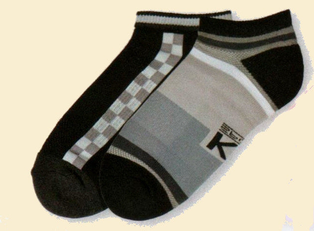 KB Sport Colorblock Stripes Low Cut 2 Pair Pack are Blocked with Blacks Greys and Whites in a Low Cut Hi Tech Sock.