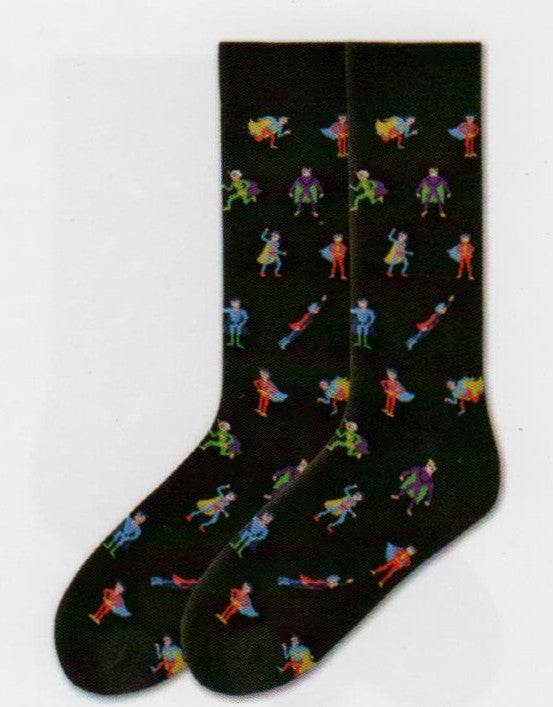 K Bell Mens Super Heroes Sock starts off with a Black background. Super Heroes are Flying, Standing and Running. They are in Bright Colors of Red, Blue, Yellow, Green and Purple.