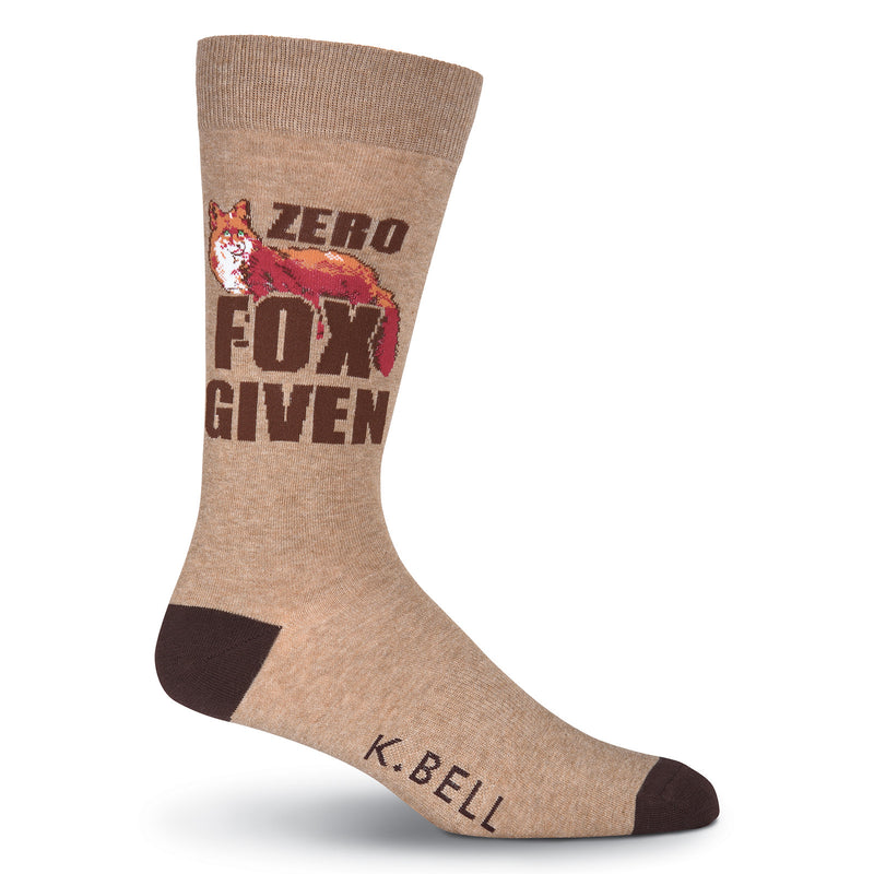 K Bell Mens Zero Fox Given Socks start with Heather Brown background with Bistre Heels and Toes. The Fox is Rust, Rufous and White with Green Eyes and Black for Details. The Words are in Bold Brown reads, "Zero Fox Given".