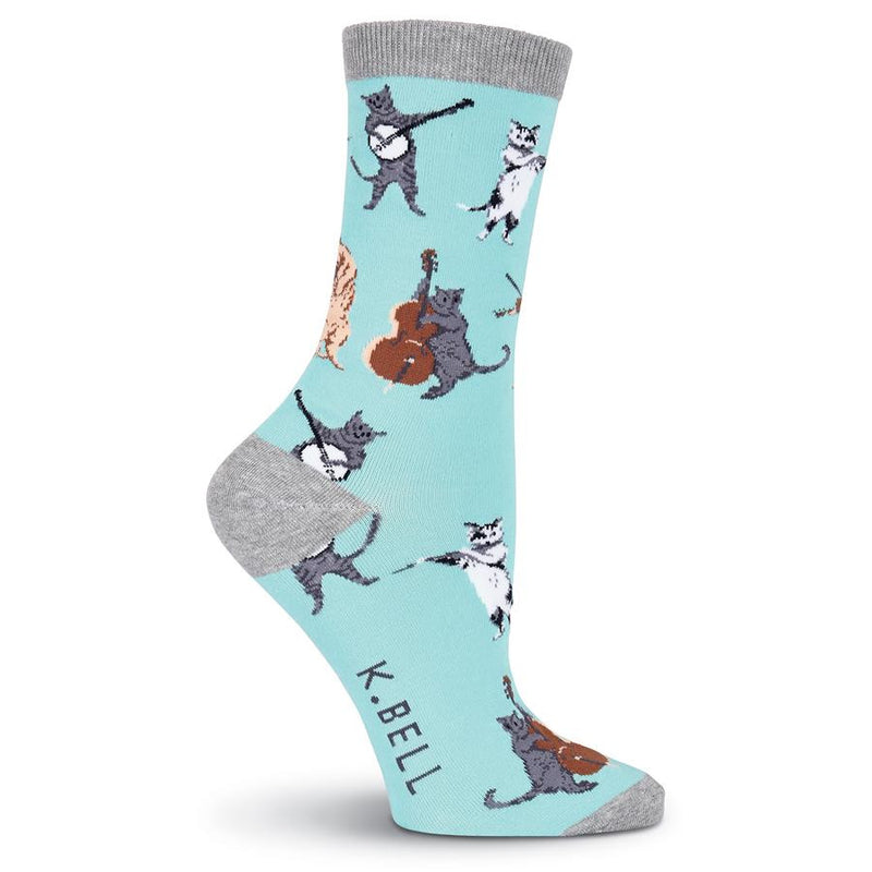 K Bell Musical Cats Sock has Blue Haze as the background Color. The Cuffs, Heels and Toes are Heather Grey. The Cats are all different colors and are playing Fiddles, Cello, Banjo and a Flute. What a great band they make.
