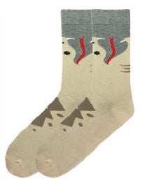 K Bell Mens Snake Sock starts with Heather Grey and Sand as the background colors. The Fangs are White the Tongue Bright Red. Umber is used for design on the foot.