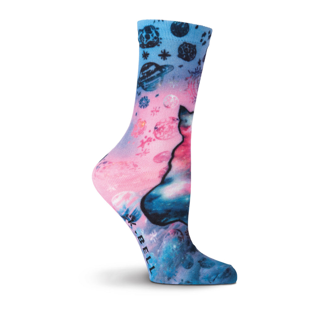K Bell Space Cat Sock is 360 degree idea of a Cat Nebula with Planets and Stars in and around the Cat. The colors are Blues, Indigo, Pink and Rose.