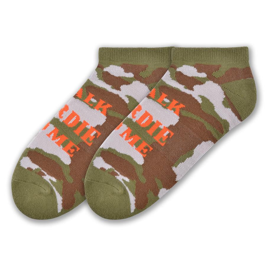 K Bell Mens Talk Birdie To Me Sport Sock is a No Show with Cushioned Heels and Toes for comfort out on the course. The background is Camouflage and the Words read in Bright Orange, "Talk Birdie To Me".