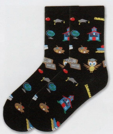 K Bell Teacher's Pet Sock starts on a Black background. Then you have things at School. The School House, A Chalk Board a Ruler, A Wise Owl, a Globe of the Earth. and more all in rows.