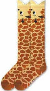 Wide Mouth Giraffe Knee High Socks by K Bell are Safari Background with Russet Heels and Toes. The Wide Mouth is White for Teeth and then the Face is Tan. Eyes are Black and White.
