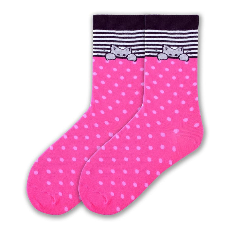 On a background of Fuchsia are Pink Polka Dots above this is a Kitty playing Peak-a-Boo! This Kitty is all outlined in Black its fur is Grey. The Cuff is Black and the welt is Black and White Rows.