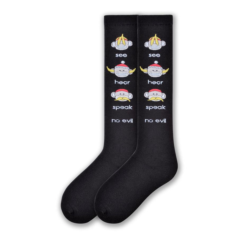 On a Black background Knee High K Bell designed See Hear Speak No Evil Socks. With Fun Monkeys and Bananas and the words to go with it.