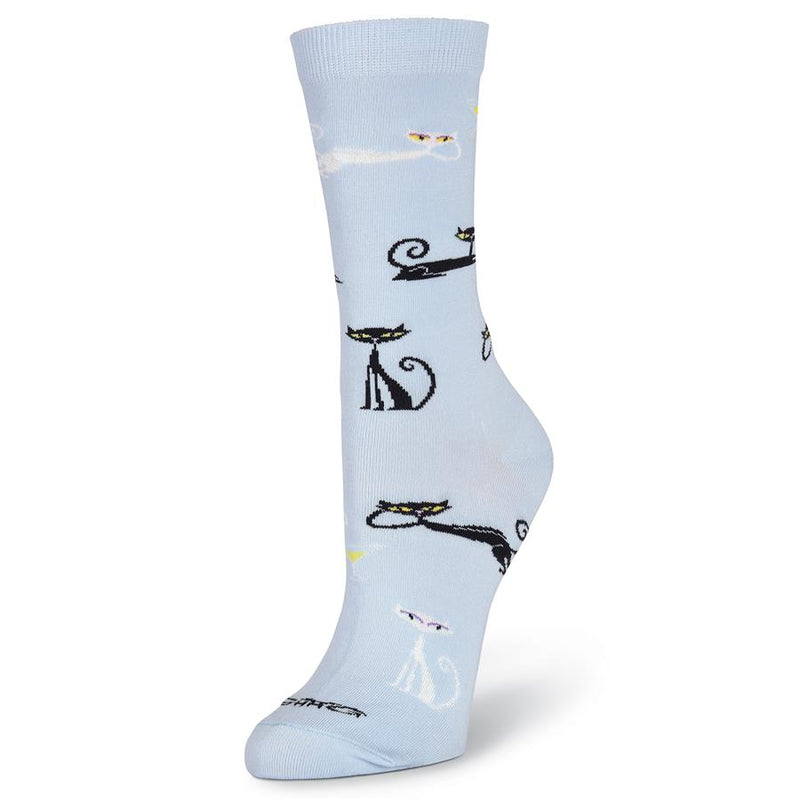 This is another view of K Bell Womens Shag Cats Sock. In Light Blue you have Black and White Cats drinking Martinis in Lime, Purple and Fuchsia colors.