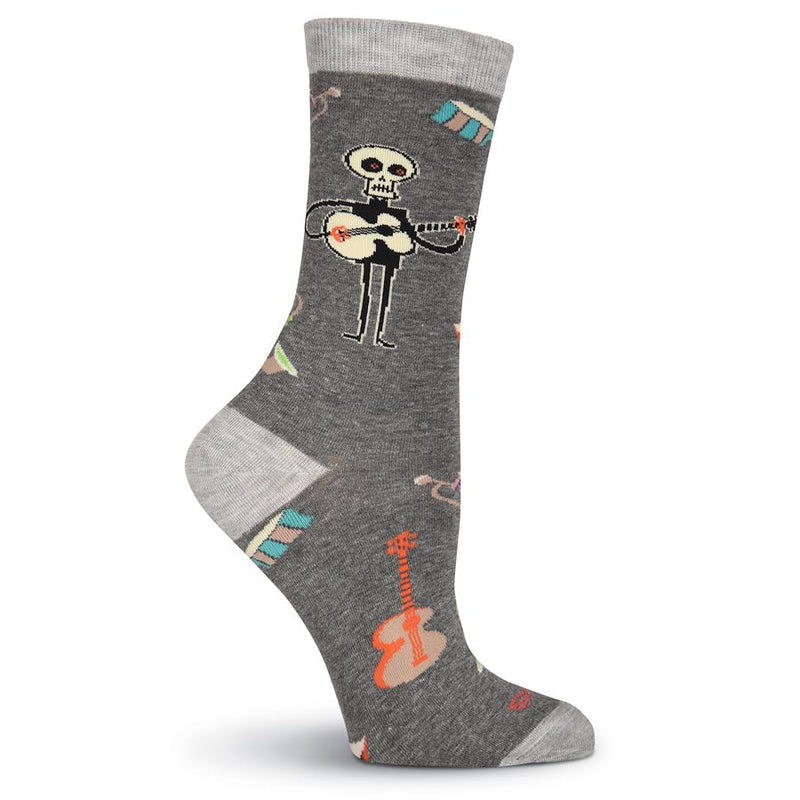 K Bell Womens Shag Instruments Sock starts with Charcoal Grey and Light Grey backgrounds. The colors of the Instruments are Cream, Tan, Green, Blue, Purple, Brown and Bright Orange. 