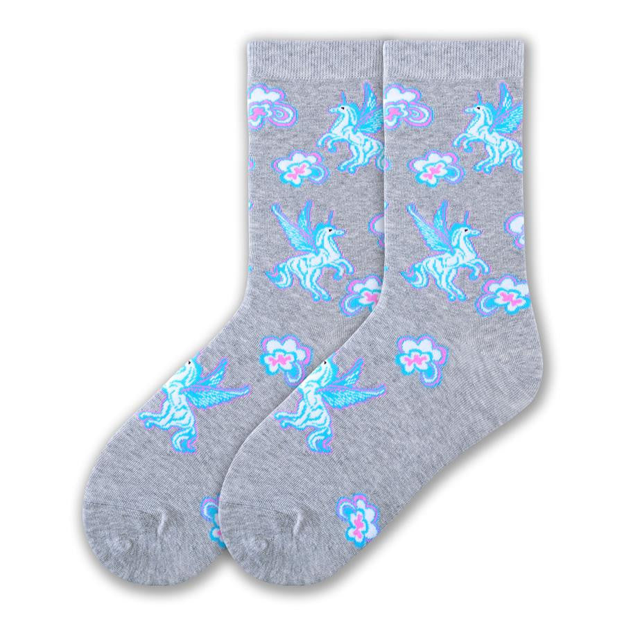 K Bell Womens Unicorn Sock starts on a Heather Grey background with a White Unicorn with Turquoise and Bright Pink Details. Around the Unicorn are the same color in Clouds that look like flowers.