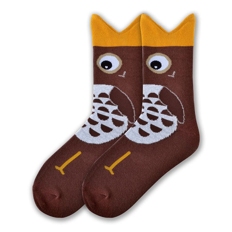 K Bell Womens Wide Mouth Owl Sock begins on a Dark Brown background with a Bronze Wide Mouth with Eyes and Feathers