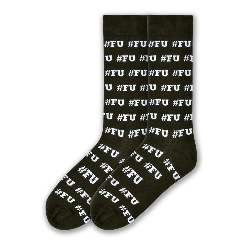K Bell #FU Sock is an Acronym Sock and the Hashtag puts it in a space just for the people or thing you are saying it to! The Sock is on a Black background with White lettering and all it reads is, "#FU". 