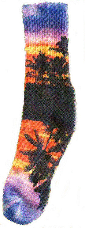 Kurb for Men makes Reflection of an isle retreat of Palm Trees and Sunset in the water in a lagoon. Oranges, Yellows, Lavenders, Purples and Blues with Black Shadows makes this a very cool sock.