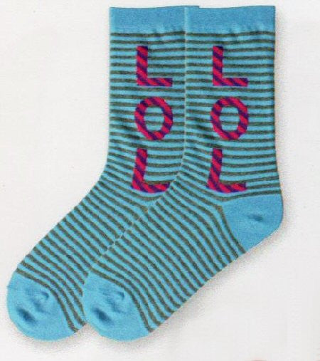 K Bell LOL Crew is Brightly Colored with Stripes in Rows going Horizontal with Turquoise and Charcoal. LOL is on the Diagonal with Purple and Magenta. This makes the letters pop off the sock.