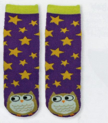 K Bell Kids Owl Tube Non-Skid Slipper Sock with Purple background, Gold Stars. The Owl is at the Toes. The Owl is colored Camel on the Outside. White with Camel Scallops for Feathers. Black and White for Eyes and Outlines.