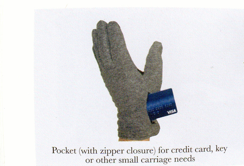 This picture shows the Mens Lauer Touch Sensor Glove with the pocket open for a credit card. Other items can be keys, money or small carriage items.