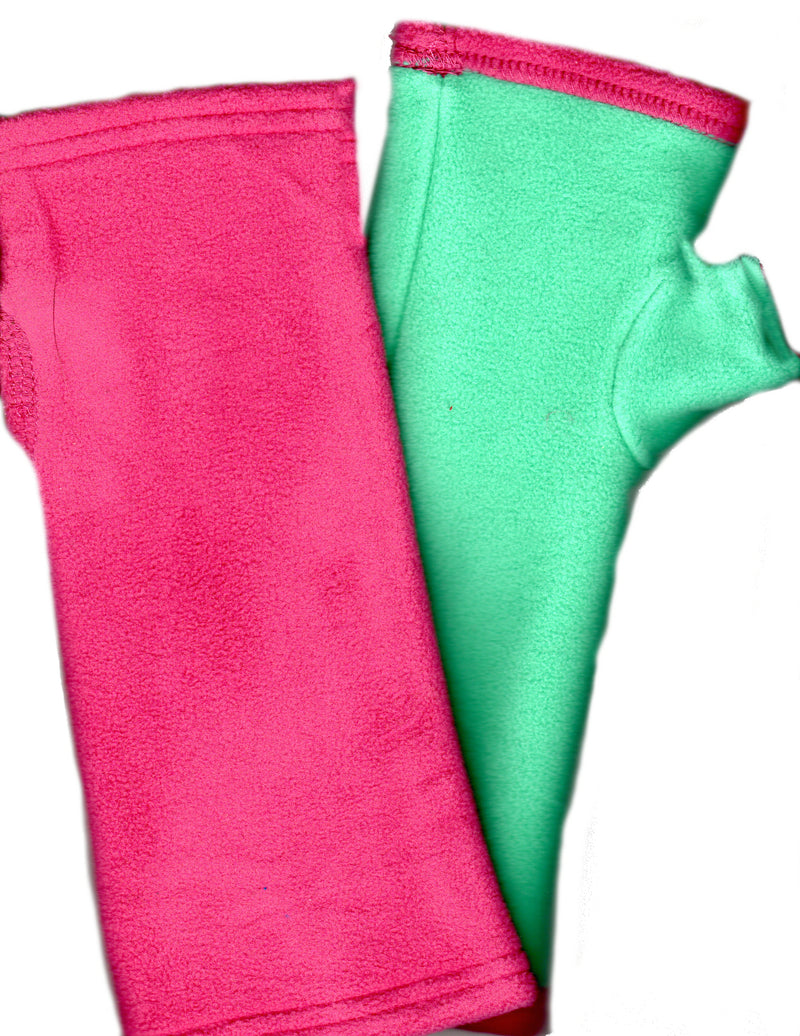 This Fingerless Glove or Arm Warmer is in Blush and Teal. The Blush is the outside color and Teal is the inside out.