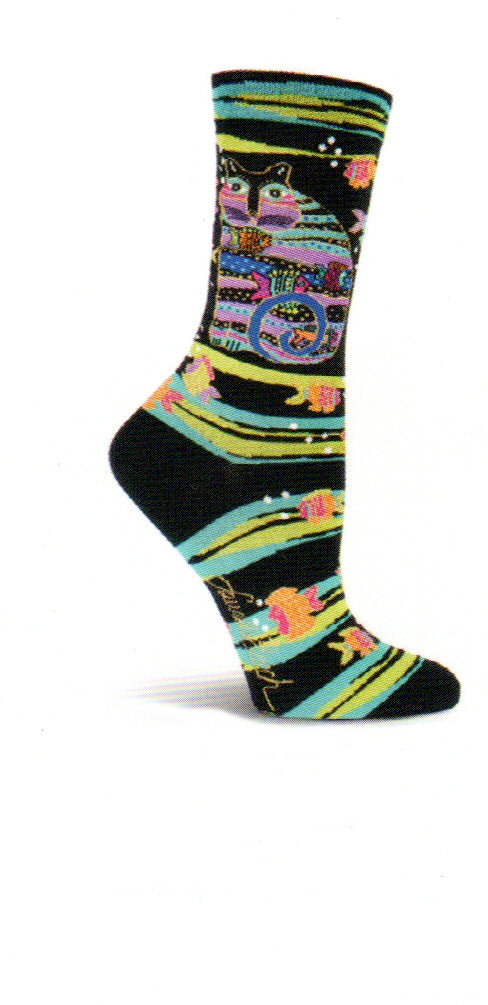 Laurel Burch Cat Fish Sock begins on a Black background. Colors splash at the Cuff in Teal and Olive. Fish are in colors of Teal, Tangerine, Olive , Magenta Dye. and others with Gold Thread. Blubble are White with Silver Thread. The Cat Fish is Teal, Plum, Violet, Indigo  with Fish swimming by. 