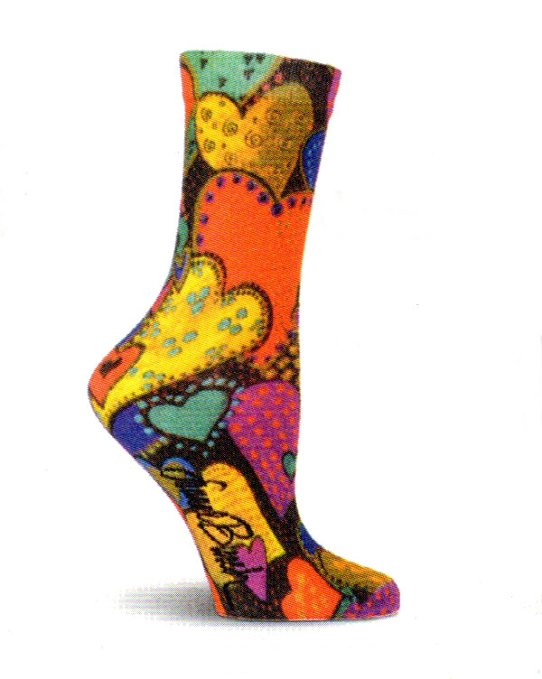 Laurel Burch Hearts Sock is a 360 Degree Sublimation Sock. With Vibrant Colored Hearts of  Scarlett, Teal, Yellow, Orange Purple Blue and Black.