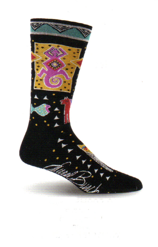 Laurel Burch Mens Folklorica Sock starts on a Black background. It has Triagles on the Cuff and all over the Sock. It has a Lizard in Magenta and a Dog in Red. Fish in Blue and Cat in Yellow all other colors combined to make a great sock.
