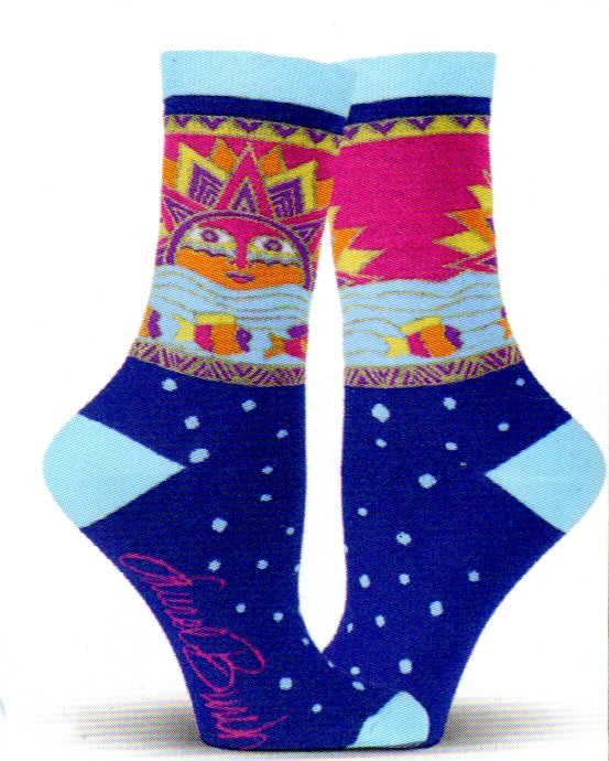 Laurel Burch Sun Fish Sock starts on a Blue Background with Sea Green Cuff Heels and Toes. Bubbles and the River are also Sea Green. The Fish and the Sun are Crimson Plum and Orange with Yellow and Gold Thread.