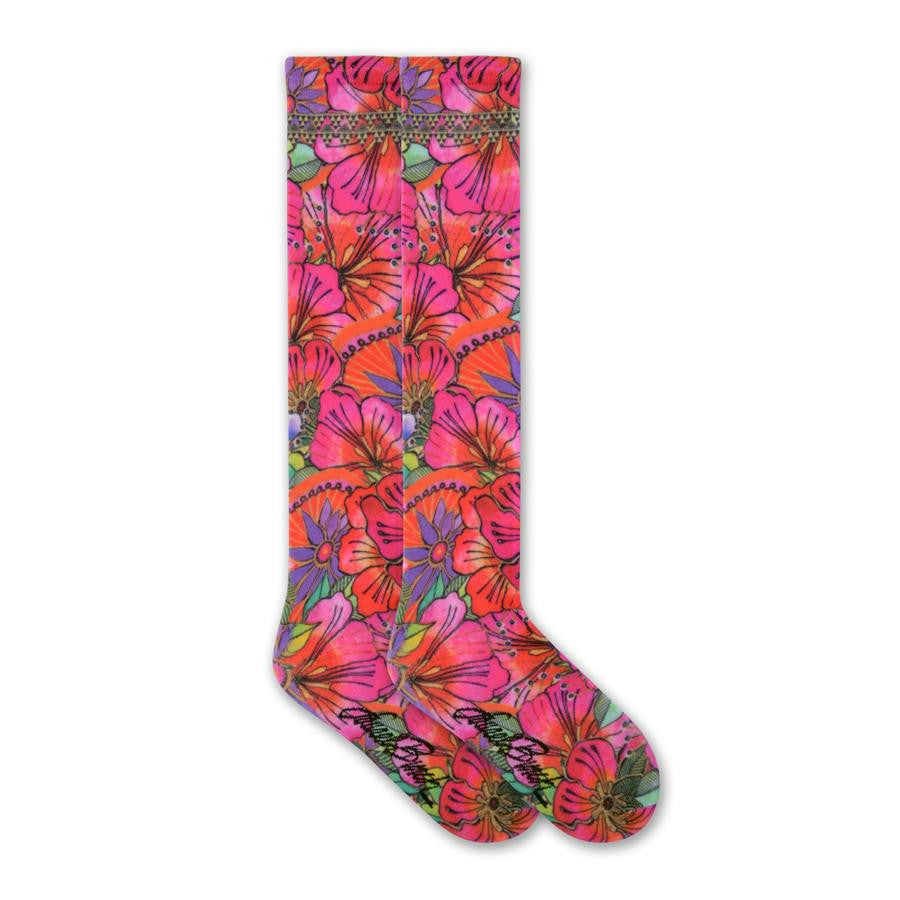 Laurel Burch Blossoming Floral Knee High Socks are Sublimated 360 design Socks. The background is Fuchsia and has all kinds of Flowers around it. Most look like Lilies and Day Lilies with Daisies. Colors are Fuchsia, Magenta, Oranges, Purples, Greens and Black. 