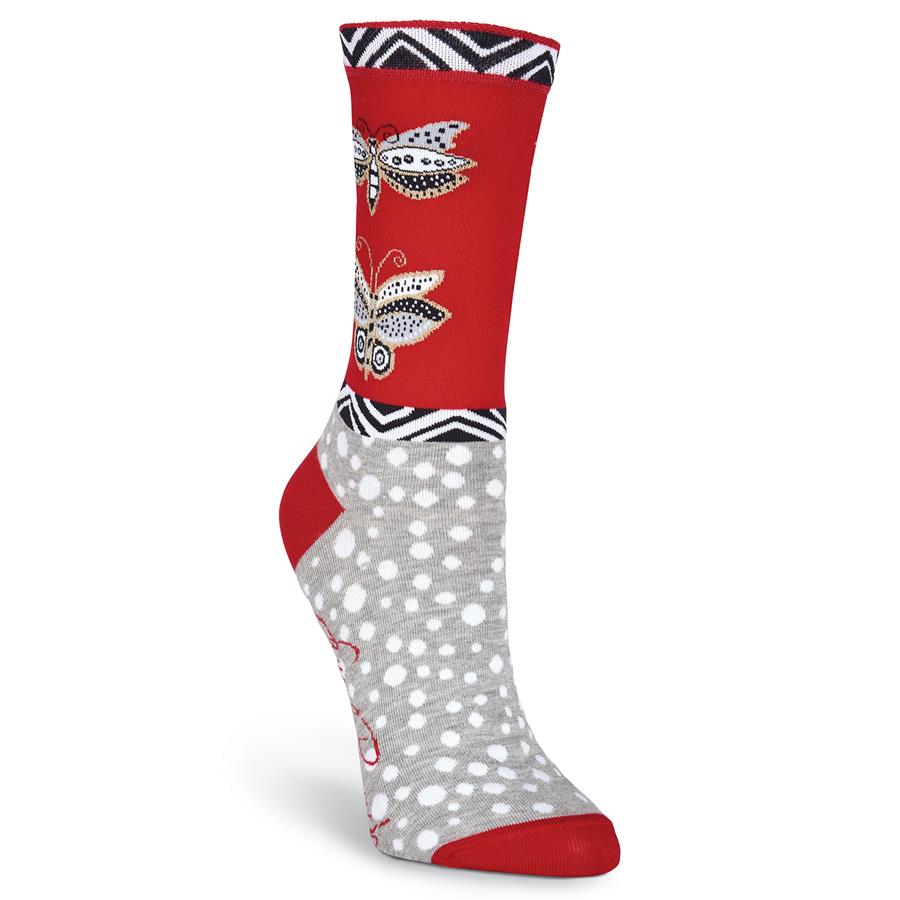 Laurel Burch Butterfly Sock starts at the Cuff with Black and White Chevron Stripes that repeat after the Red background to the Butterflies. The Heels and Toes are also Red. The Foot is Grey with White Dots. The Two Butterflies are similar but very different. They are both Black White and Grey. Look closely to see the differences.