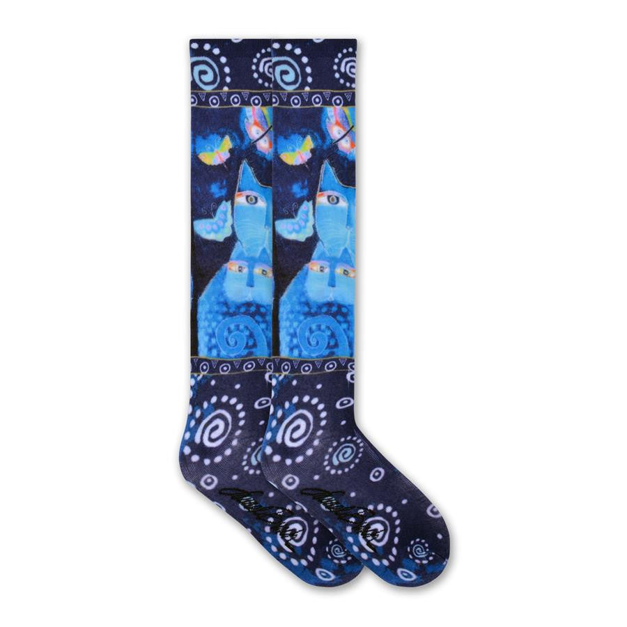 Laurel Burch Indigo Cats Knee High starts with Indigo. At the Cuff are Galaxy looking swirls in  Turquoise and White. Then come Butterflies in many colors. Next down the Sock are the Indigo Cats in different shades of Blue. Swirls then run from Heel to Toes.