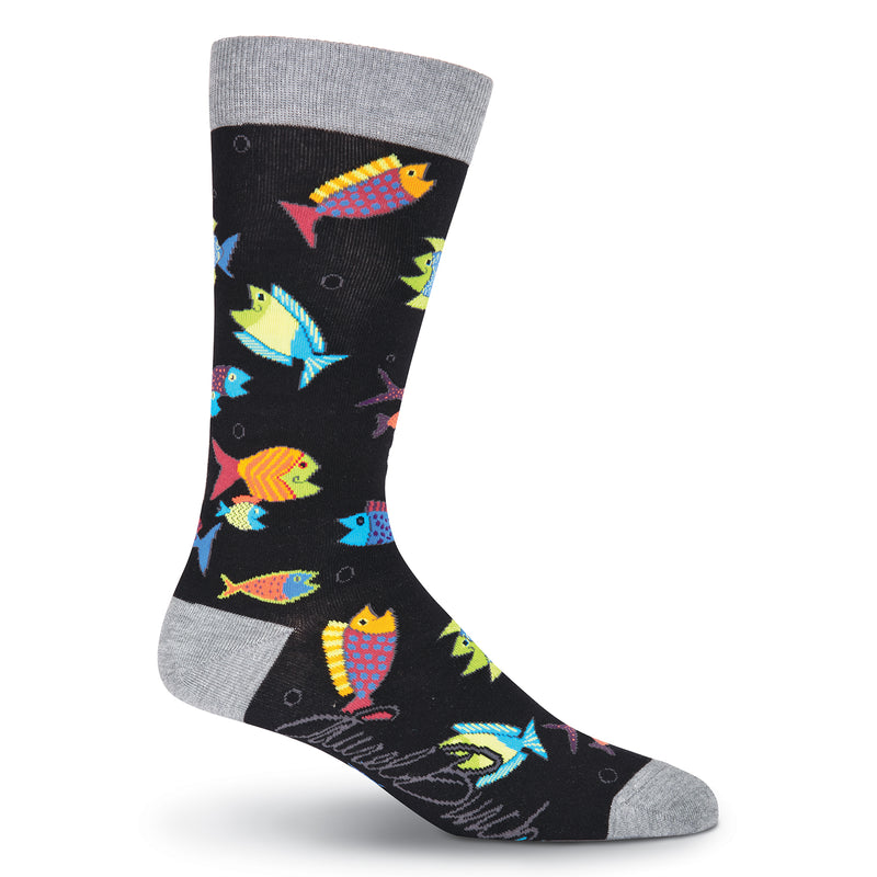 Laurel Burch Mens Hungry Fish Sock starts on a Black background with Grey Cuffs, Heels and Toes. The Fish are in many different whimsical color combinations. They are Happy, Leery and Hungry looking. Colors are Maroon, Green, Lime, Blue, Turquoise, Orange and Yellow,  