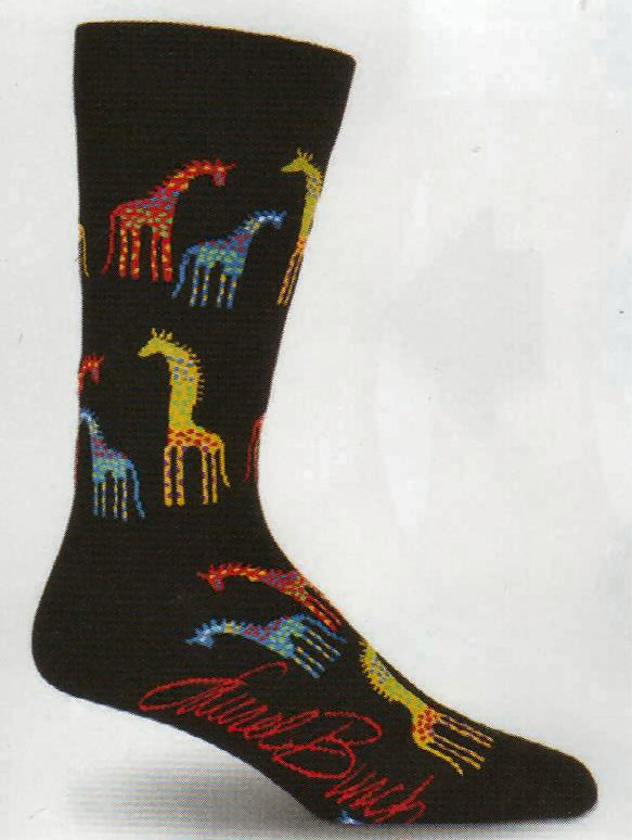 Mens Laurel Burch Giraffes Socks start with a Black background. The Giraffes are Multi-Colored by Little Dots all over. The Colors are Burgundy, Lime, Lime Green. Royal Blue and Yellow.