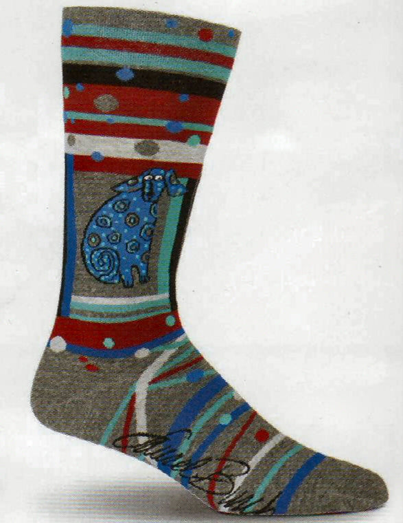 Mens Laurel Burch Matisse Dog Sock starts with a Charcoal Grey background. The Dog painted as Matisse would paint is a Blue Indigo Dye with Sea Green and Black details. White for Eyes. Carnelian and Platinum also flatter the portrait as well as all colors make Dots, Scrolls and lines all over the sock.