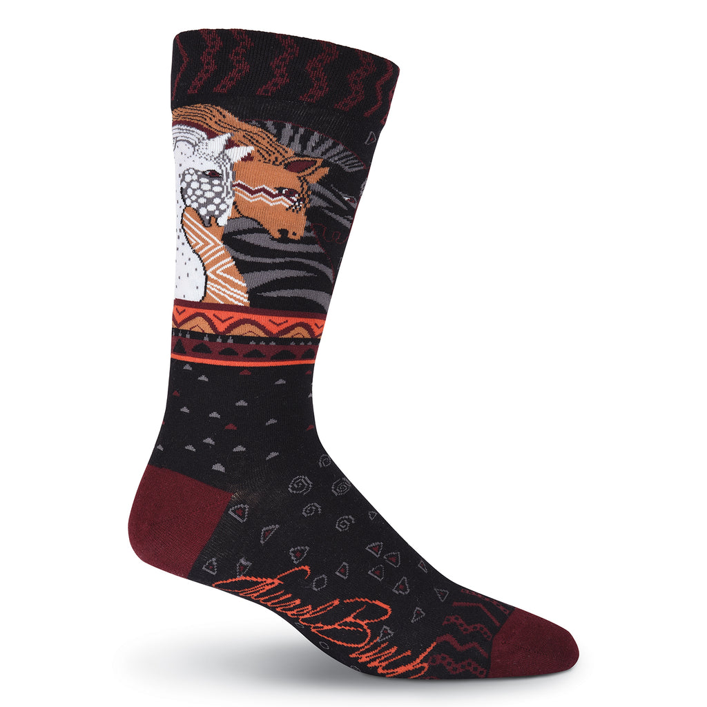 Laurel Burch Mens Stallions Sock begins with a Black background with Cordovan Heels and Toes. Cordovan is also in the geometric designs around the sock and at the Cuff. The Bunting is Cordovan, Chestnut and Mahogany. The Stallions are White and Grey, Chestnut and Cordovan and Black and Grey. 