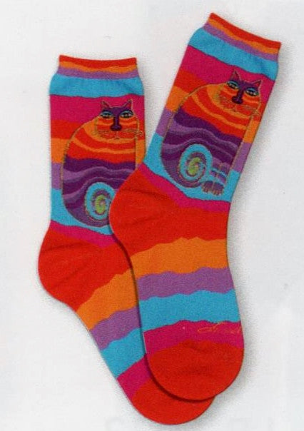 Wild Wavy Colored Stripes on a Cat and Sock is what Laurel Burch did with Wavy Striped Rainbow Cat Sock. It looks great on your feet!