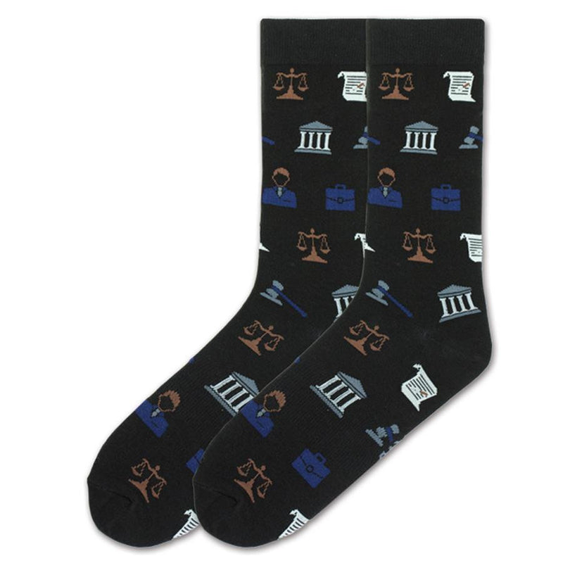 K Bell Mens Lawyer Socks are on a Black background with many of the things we might recognize with a Courtroom. One the actual Court Building. The Bill of Rights, The Scales of Justice. They are all over this sock.