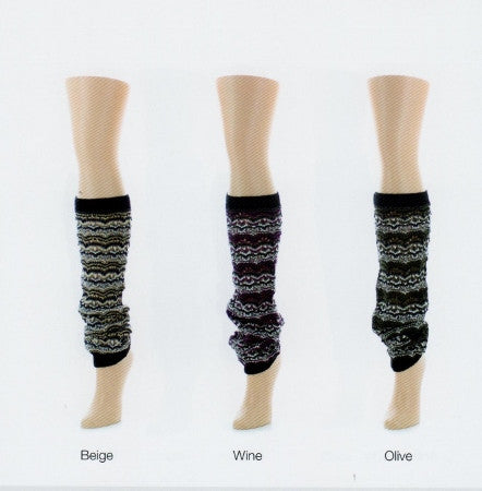 Legmogue Glitzy Zag Legwarmer are left in two colors Beige and Olive.  Knitted with in these main Colors are Black White and Silver Threads. This comes in one size only.