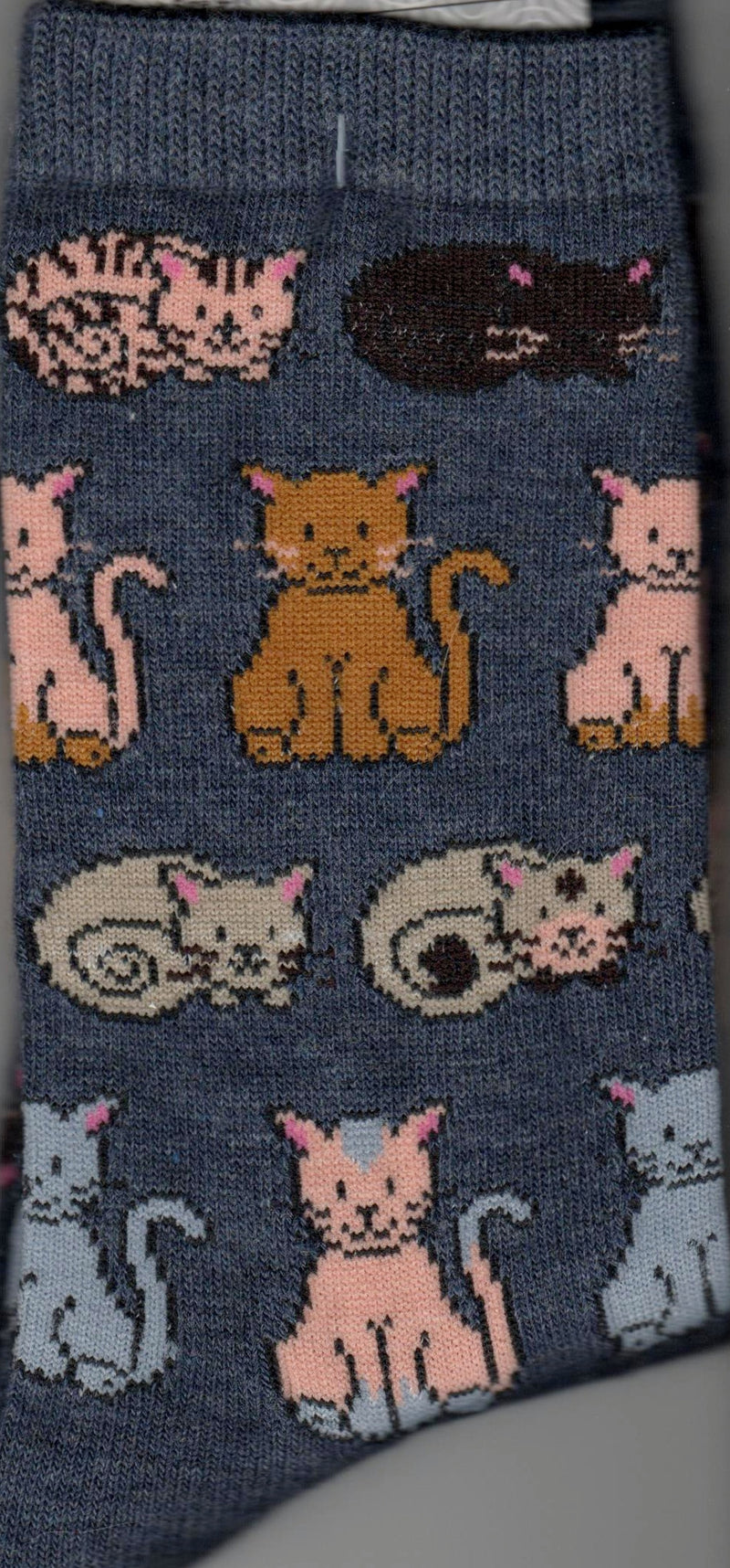 MHS Cats Laying Down and Sitting in size Medium has lots of different colored cats all over this sock either laying down or sitting and all have very pink ears.