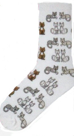 They are not only sitting they are laying down also. On a White background, cats of White, Grey and Brown are in Poses on this sock.