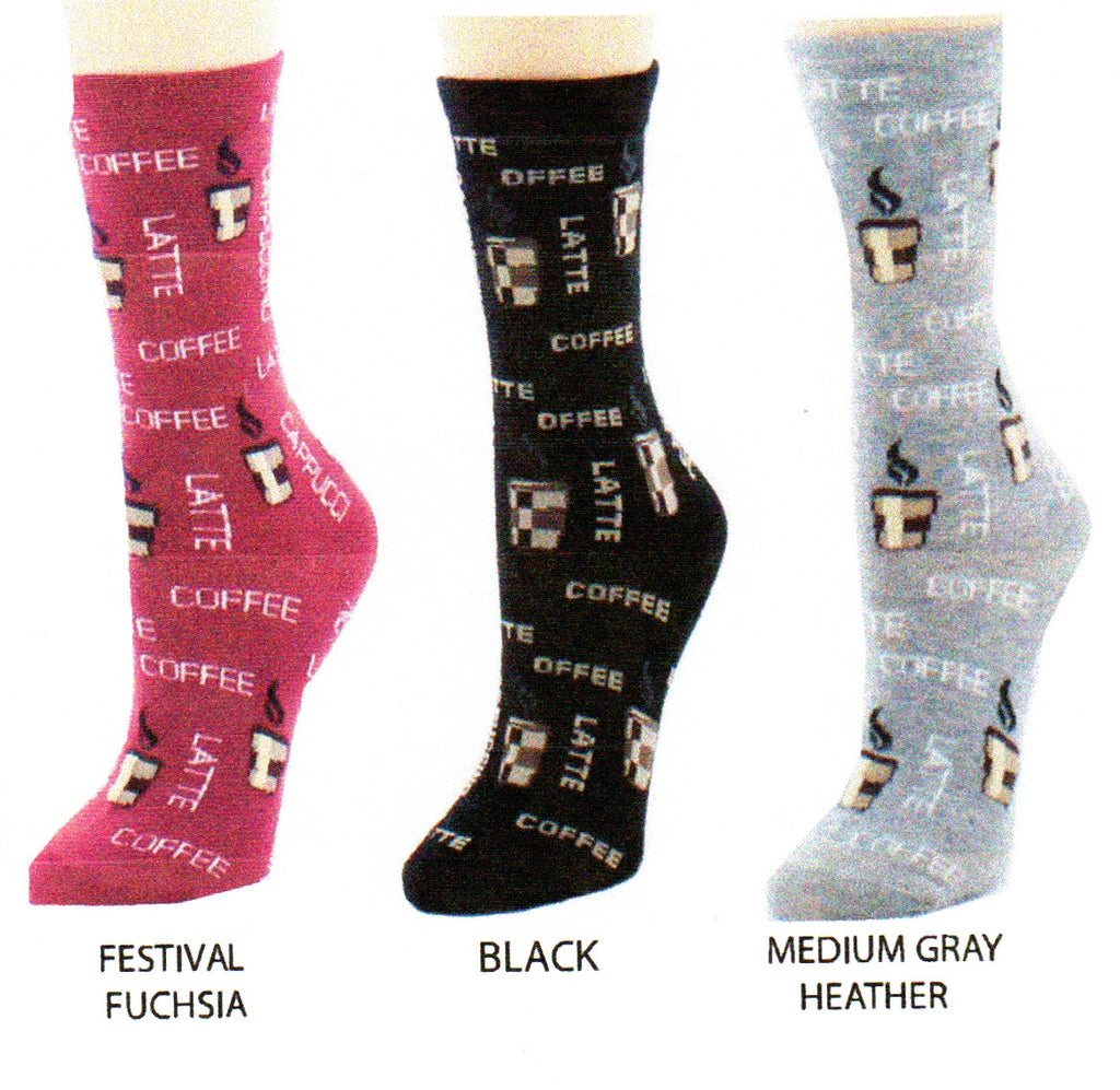 Me Moi Coffee Time Bamboo Sock comes in three colors Festival Fuchsia, Black and Medium Grey Heather. There are Large Cups with Steam coming out with words all around, they are Coffee, Latte and Cappuccino 
