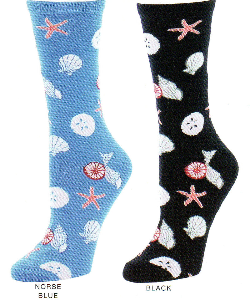 Me Moi Seaside Starfish and Shells Bamboo Sock comes in two background colors, Norse Blue and Black. Each Sock has Pink Starfish and White Shells. Norse Blue has a Pink tone for the Shells and Blue Lines. The Black has Light Grey Shells and Medium Grey Lines in the Shells.