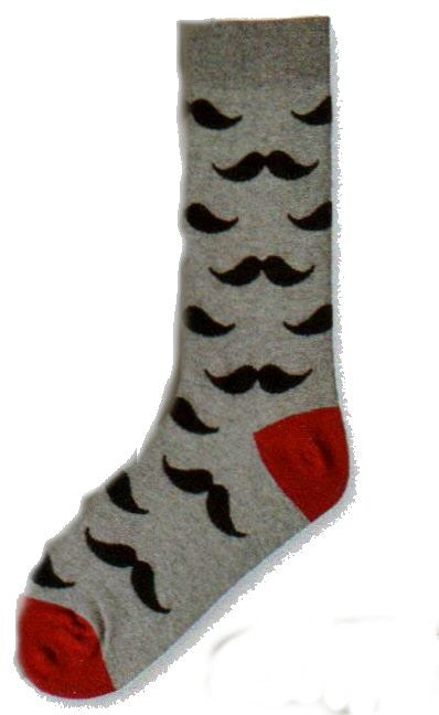 K Bell Mens Mustache Charcoal Sock starts with Charcoal Grey with Black Moustaches all over. Heels and Toes are Maroon.