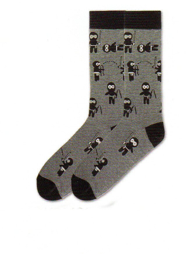 Ninja Mens Socks from K Bell come in Large and X-Large Sizes. Black on the Cuffs, Heels and Toes. Grey background with Ninja Warriors with different weapons on the sock.