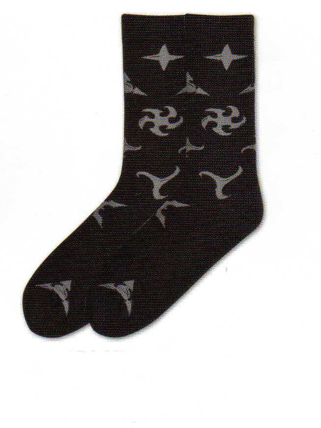 K Bell Ninja Stars Socks for Men start on a Black background with Dark Grey Ninja Stars of all kinds around the sock.
