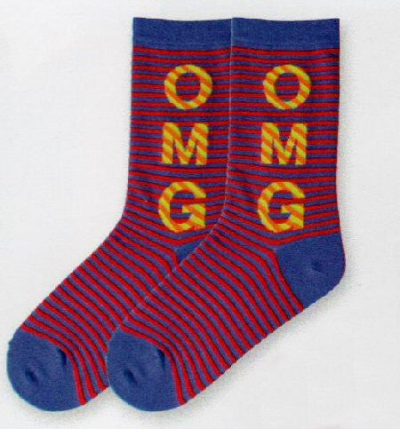 K Bell OMG Crew Sock is a Blue and Red Striped Row Sock then OMG is on top in Bright Yellow and Orange Diagonal Stripes. This Visual Effect makes OMG pop off the Sock.