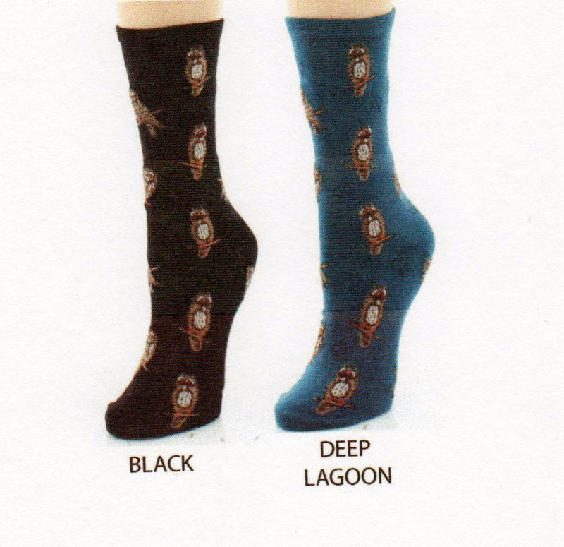Me Moi Owl and Leaf Bamboo Crew Socks in Black and Deep Lagoon. Owls are Brown, Chocolate, Cream and Mahogany on both colors. Leaf is Grey on the Black. Leaf is Black on the Deep Lagoon.
