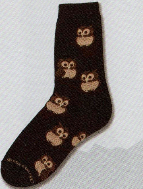 FBF Owls Sock is on a Black background with Brown Owls on Brown Twigs Hanging around all over the sock.