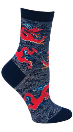 Ozone Dragon Dance Sock Fuchsia has a Navy background. The Dragon circles the Sock in the White and Navy motif with Teal and Yellow. The spiked teeth in the mouth are Orange.