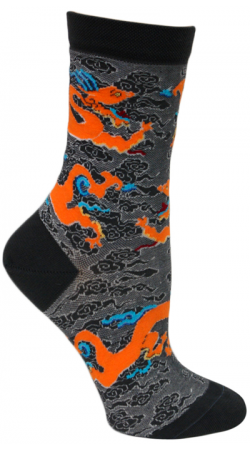 Ozone Dragon Dance Sock this starts off with a Grey background and the Dragon is Bright Orange. The Dragon is outlined with Teal and Yellow and the mouth has spiked teeth of Maroon. 