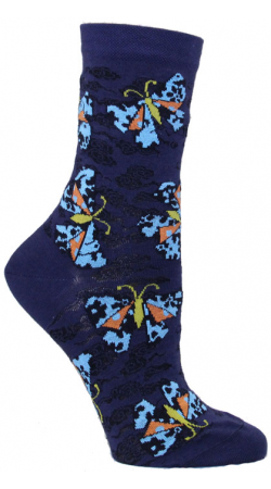 Ozone Origami Butterfly Sock Navy background has the Origami Butterfly colors are Turquoise, Navy, Tangelo for the Wings and the Body is Goldenrod. The flowers open to be Burnout Lace.