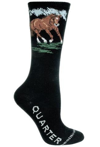 Wheel House Designs Quarter Horse Sock is on a Black background. The word Quarter is on the Foot in Grey bold print. At the top of the sock under the Cuff is a picture of a Quarter Horse with White Clouds above and Green Grass at its hooves. The Quarter Horse is Bistre, Chestnut and Chocolate. With a White Patch on its forehead and White Socks with Grey Hooves.